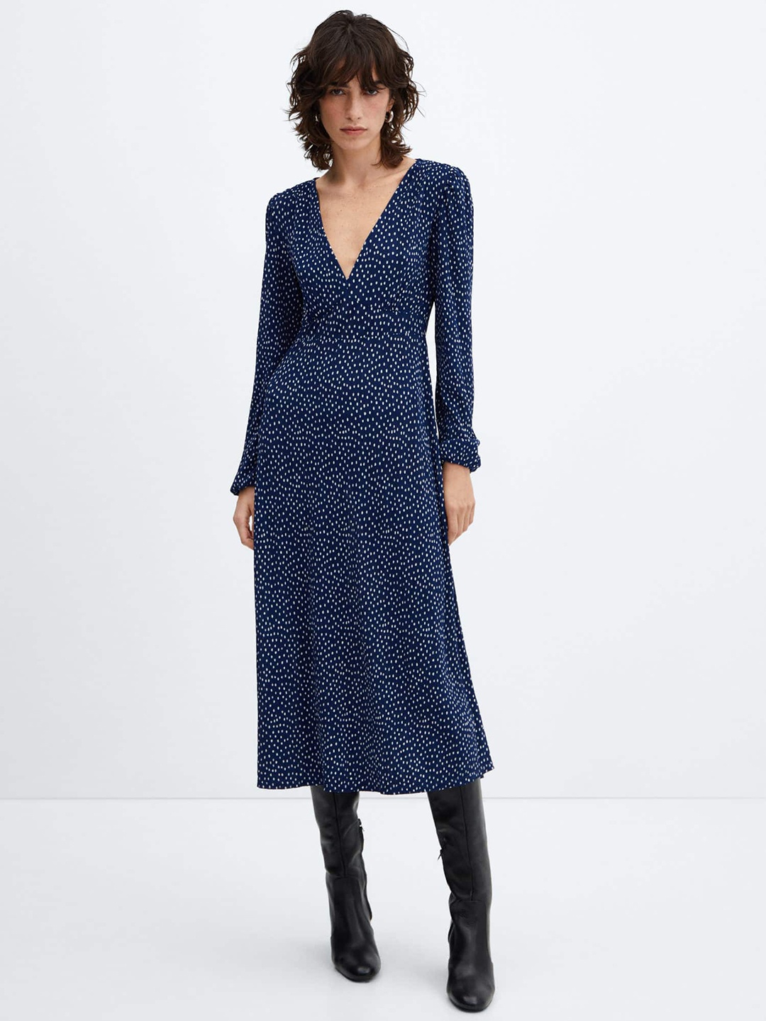 

MANGO V-Neck Printed A-Line Midi Dress, Navy blue