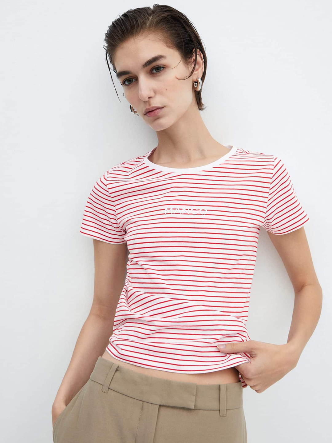 

MANGO Striped Pure Cotton T-shirt, Red