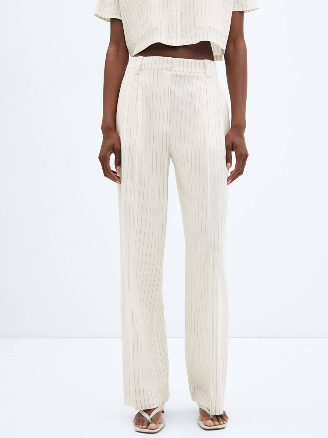 

MANGO Women Linen Blend Micro Striped High-Rise Pleated Trousers, Off white