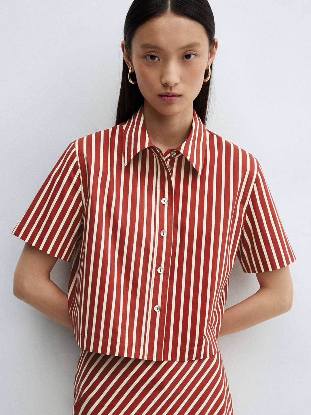 

MANGO Women Striped Pure Cotton Casual Shirt, Red