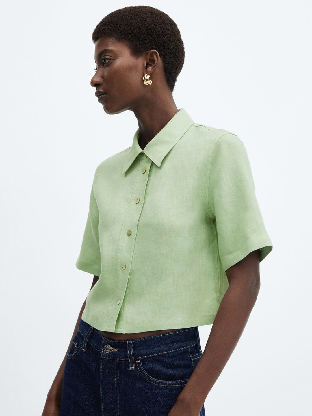 

MANGO Women Linen Casual Crop Shirt, Green