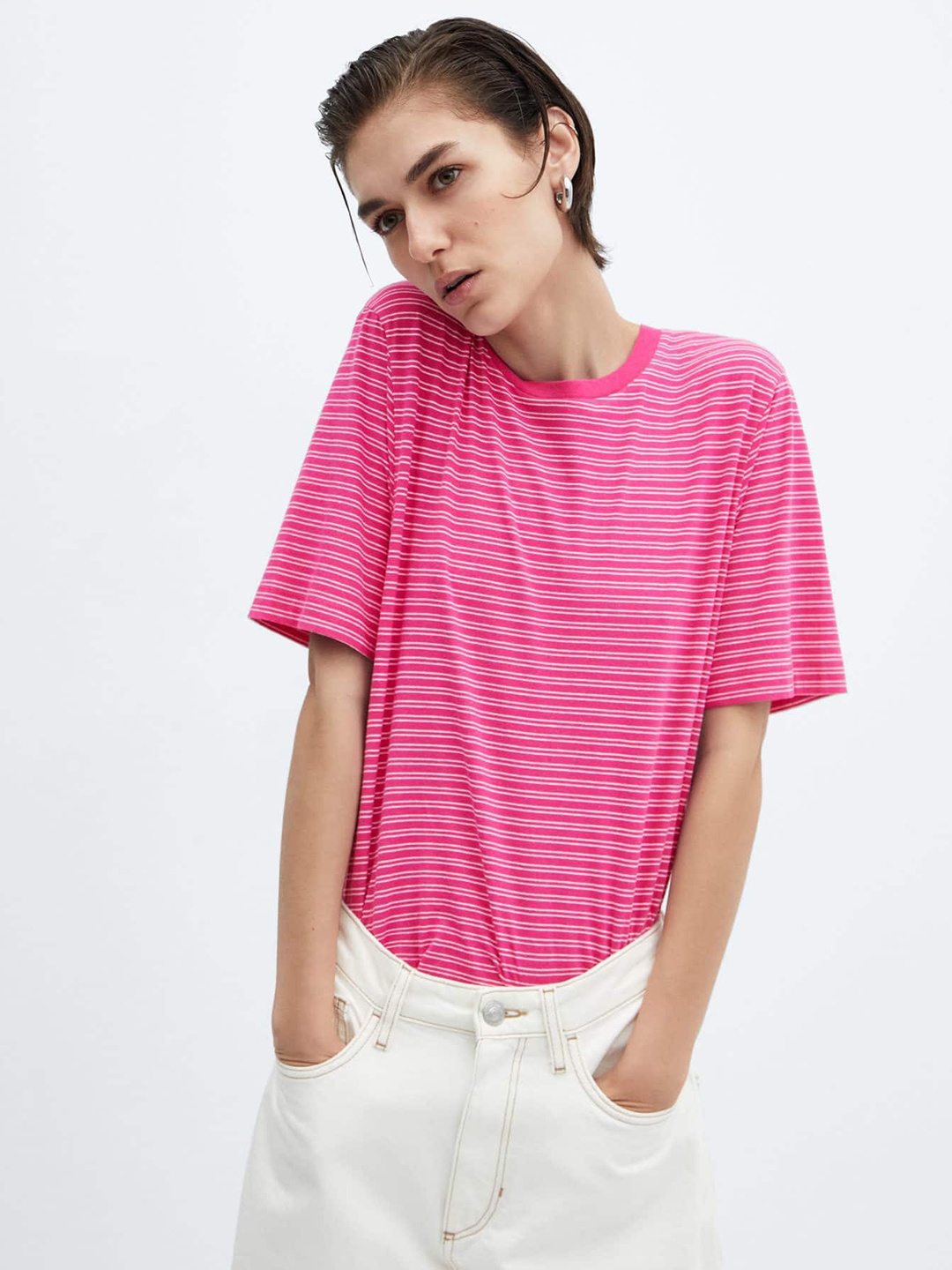 

MANGO Women Striped Pure Cotton T-shirt, Pink