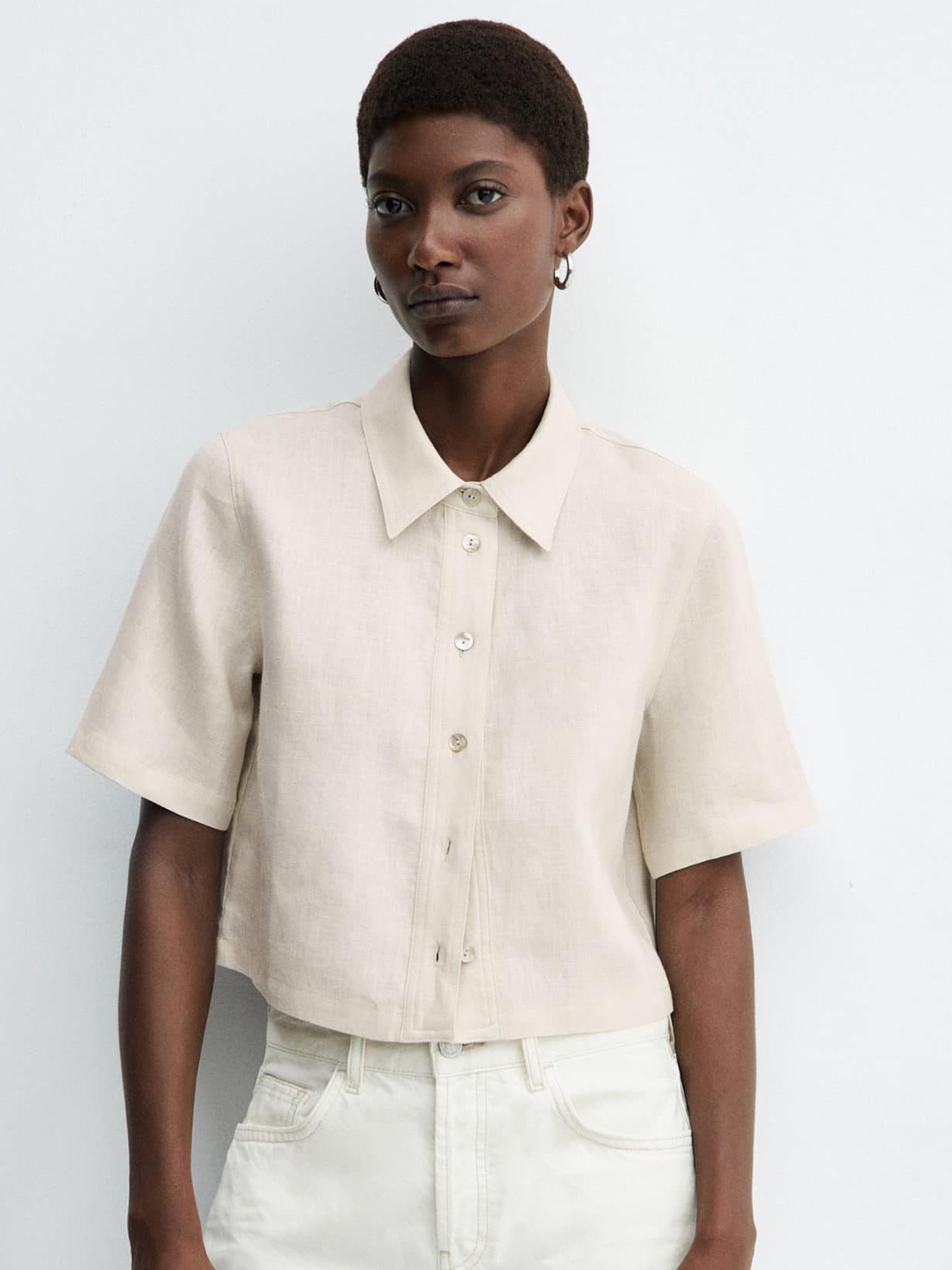 

MANGO Short Sleeves Opaque Linen Casual Shirt, Beige