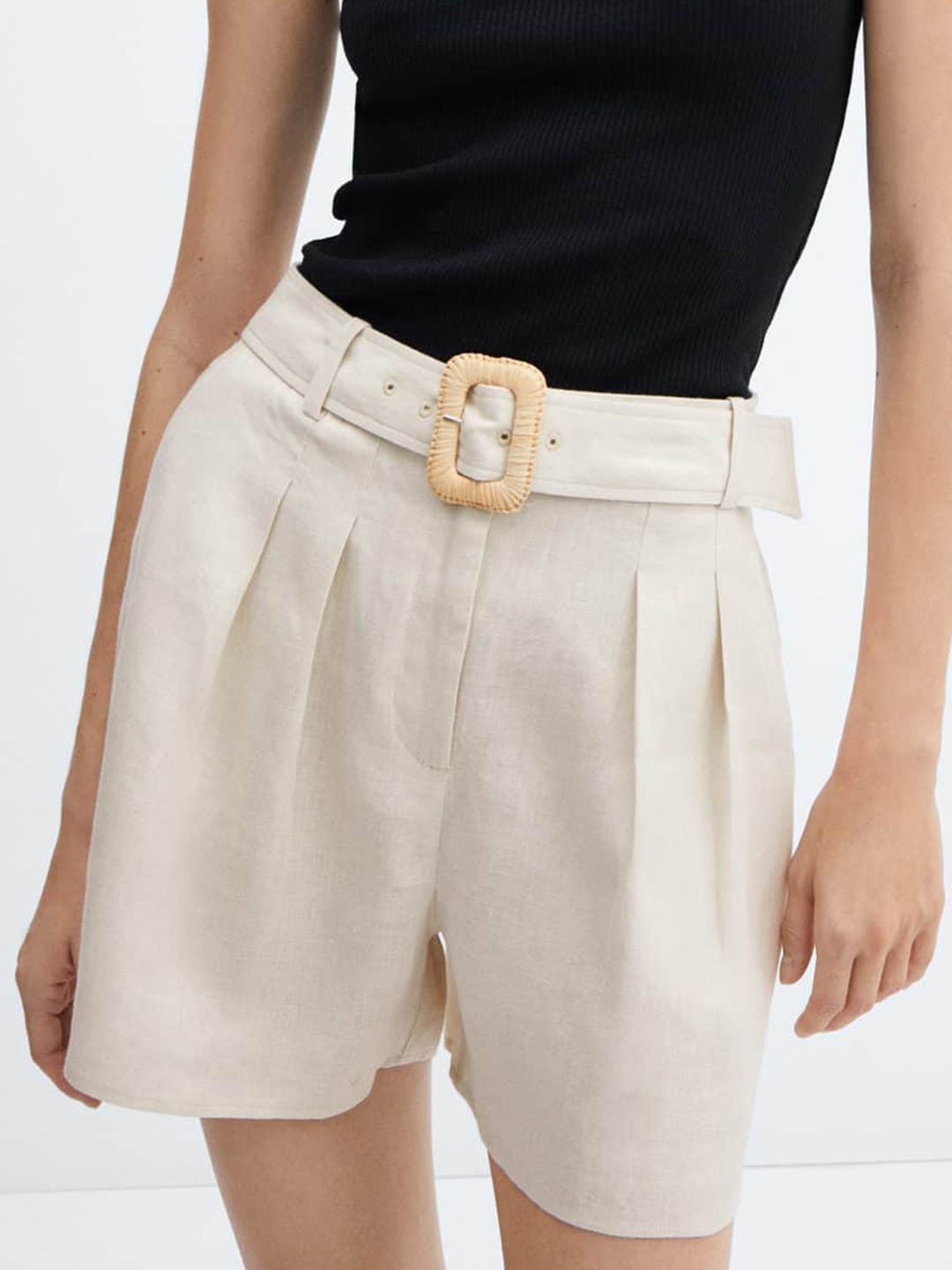 

MANGO Women Linen Shorts with Belt, Off white