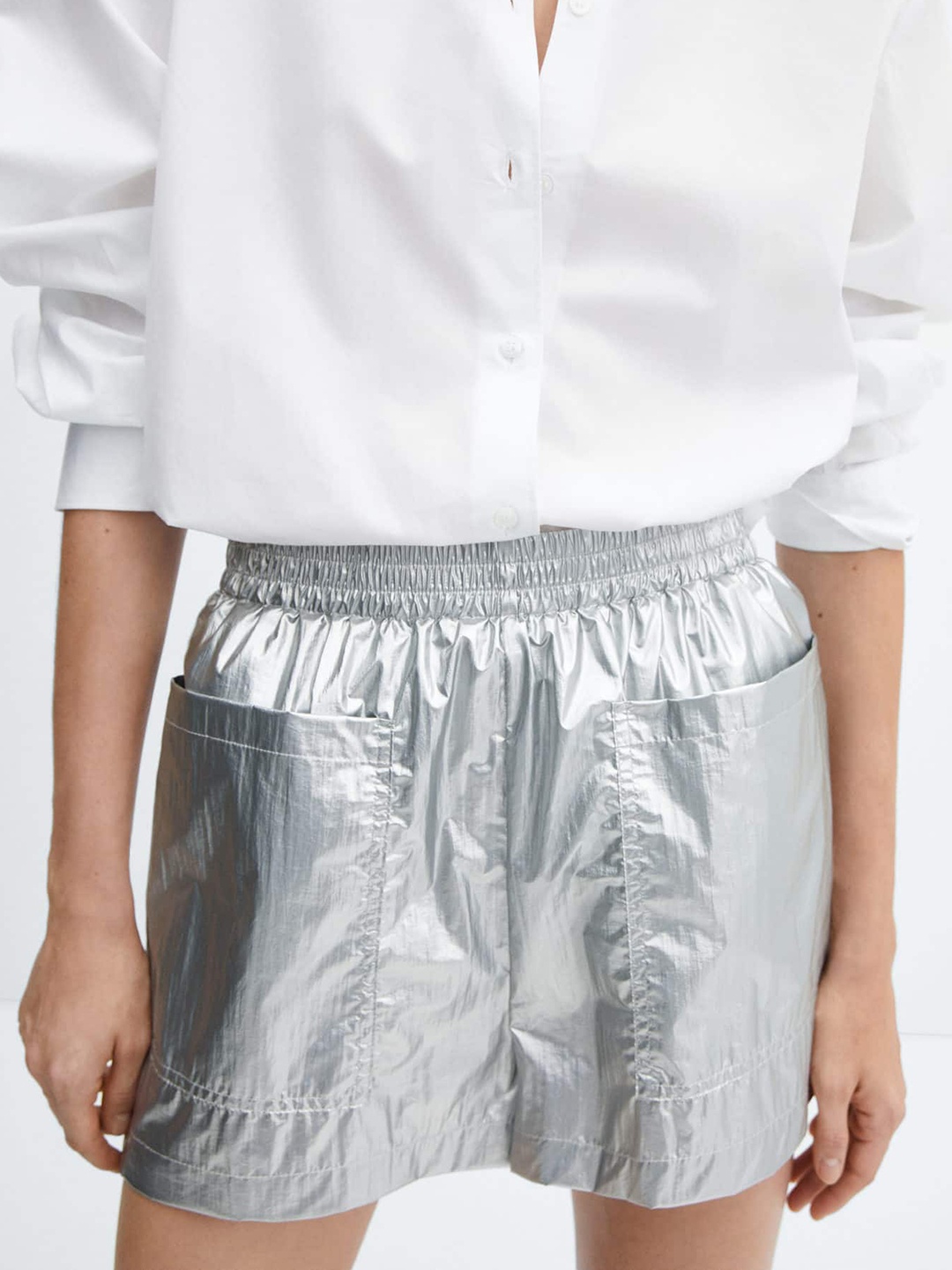 

MANGO Women Metallic Finish Shorts, Grey