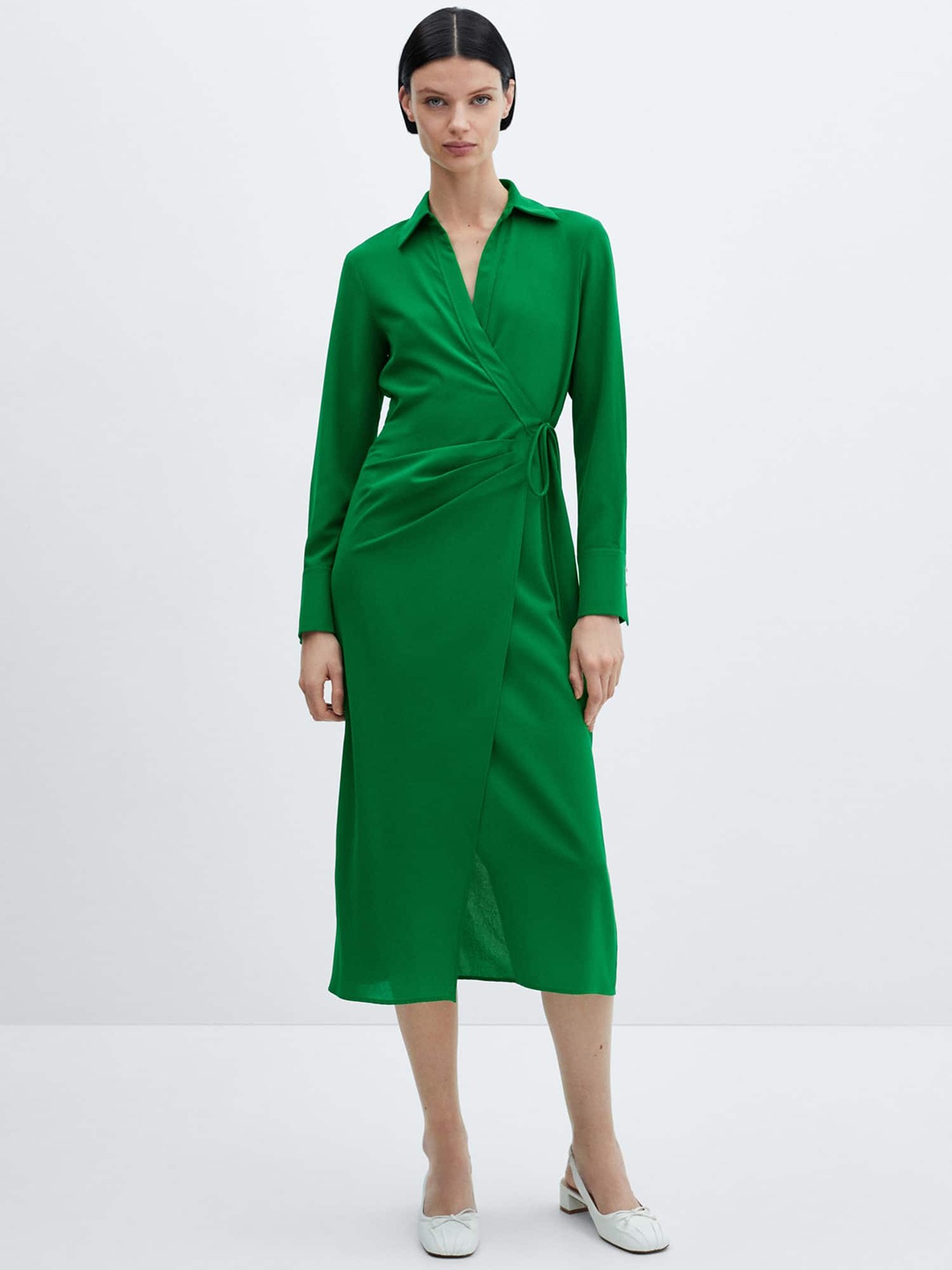 

MANGO Shirt Collar Wrap Midi Dress, Green