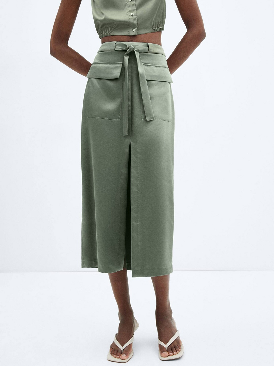 

MANGO Front Slit Satin Belted A-Line Midi Skirt, Olive