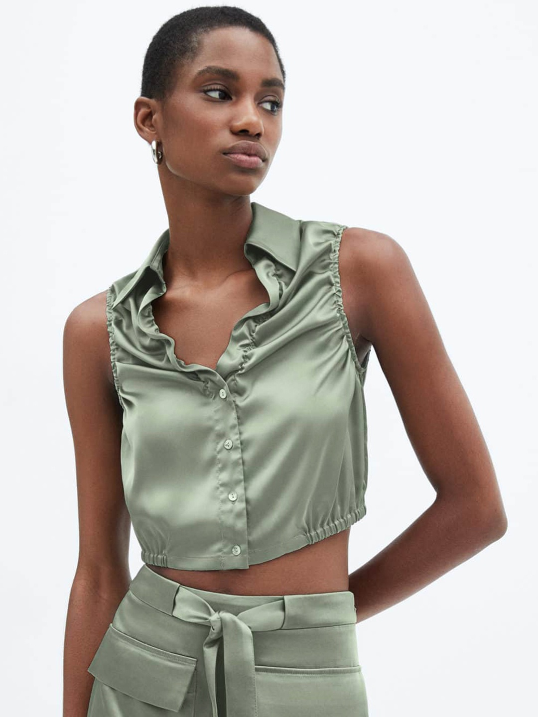 

MANGO Shirt Style Crop Top, Green