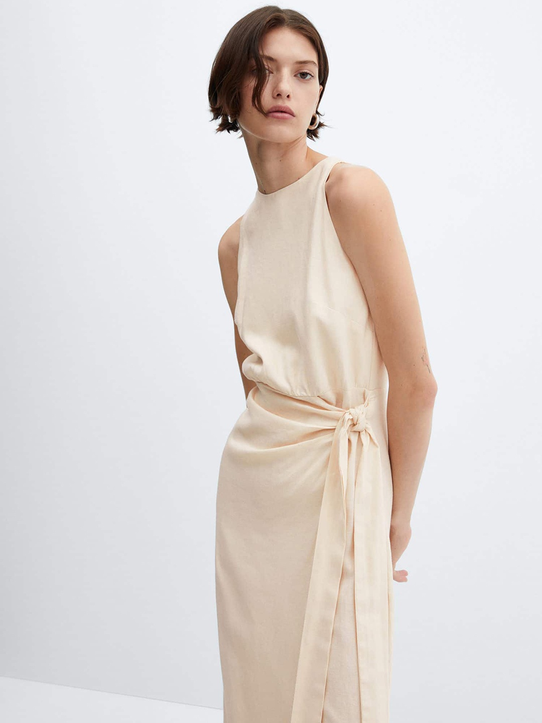 

MANGO Linen Blend Sheath Midi Dress with Belt, Beige