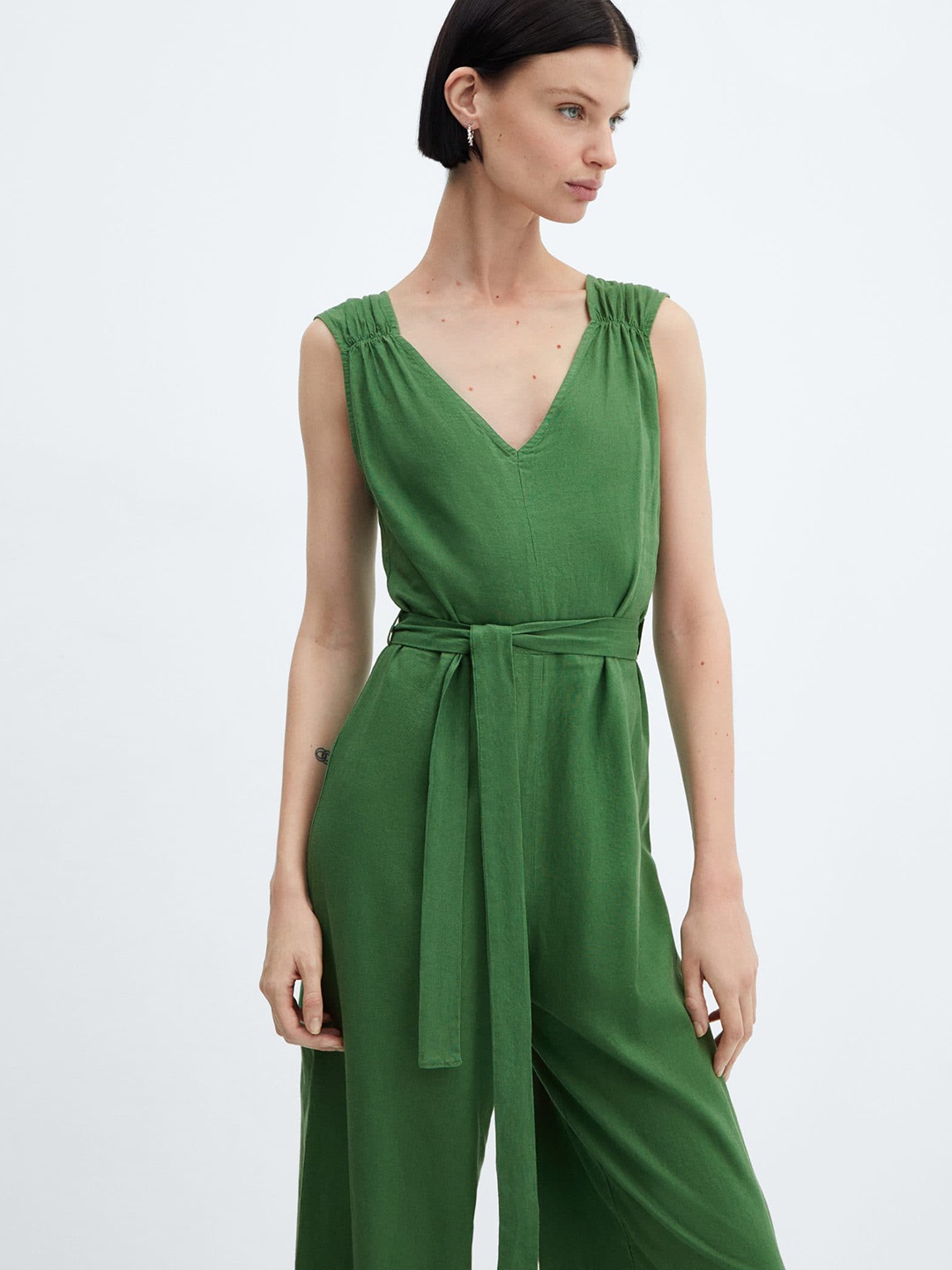 

MANGO Shoulder Straps Linen Basic Jumpsuit, Green