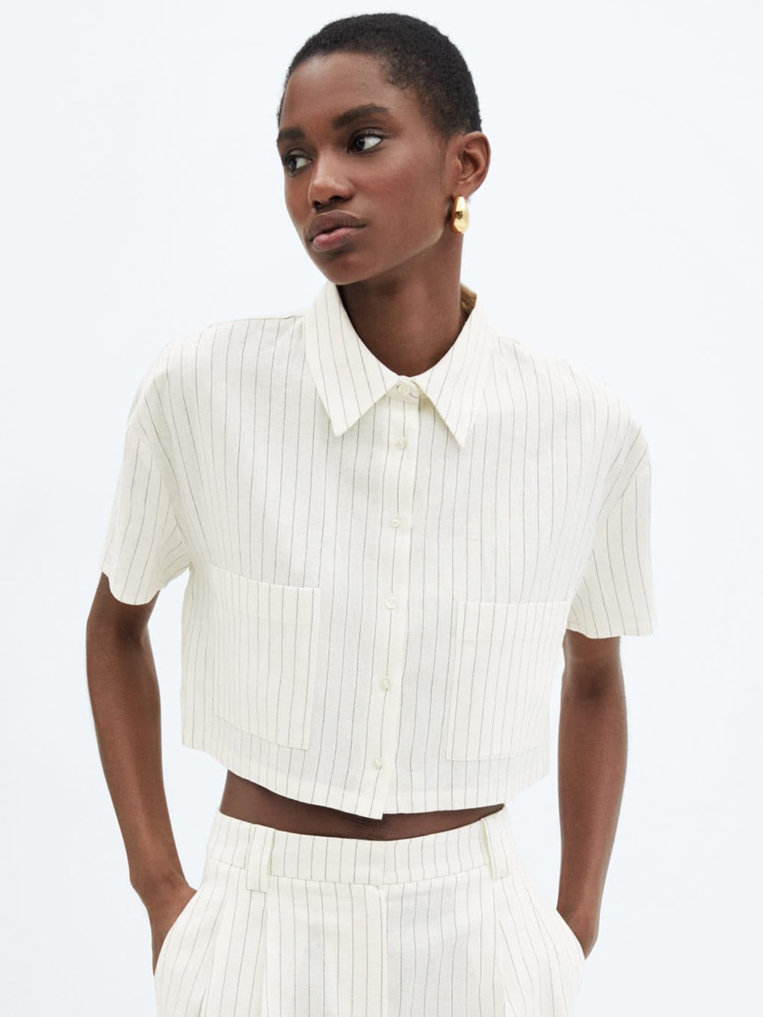 

MANGO Striped Crop Casual Shirt, White