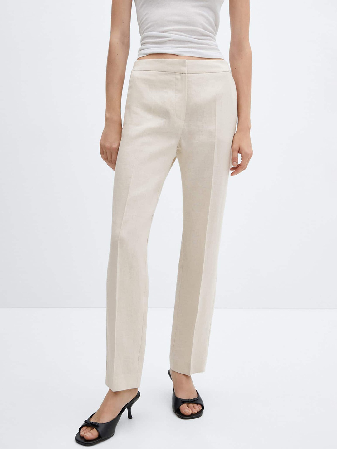 

MANGO Women Linen Straight Trousers, White