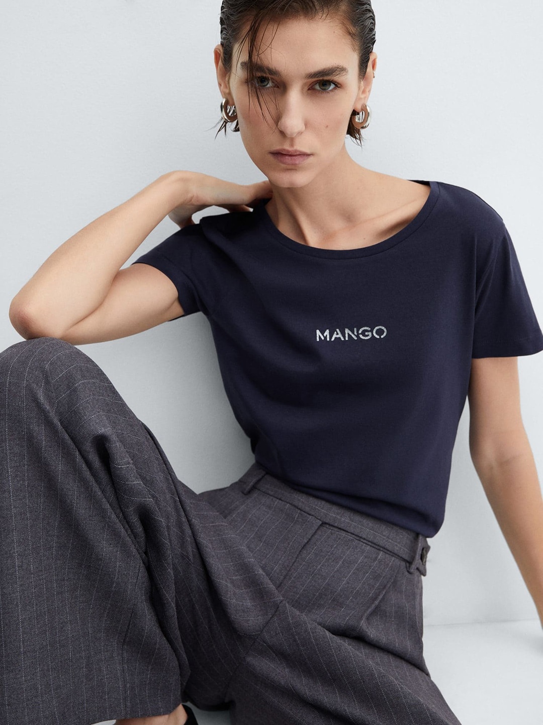 

MANGO Brand Logo Printed Pure Cotton T-shirt, Navy blue