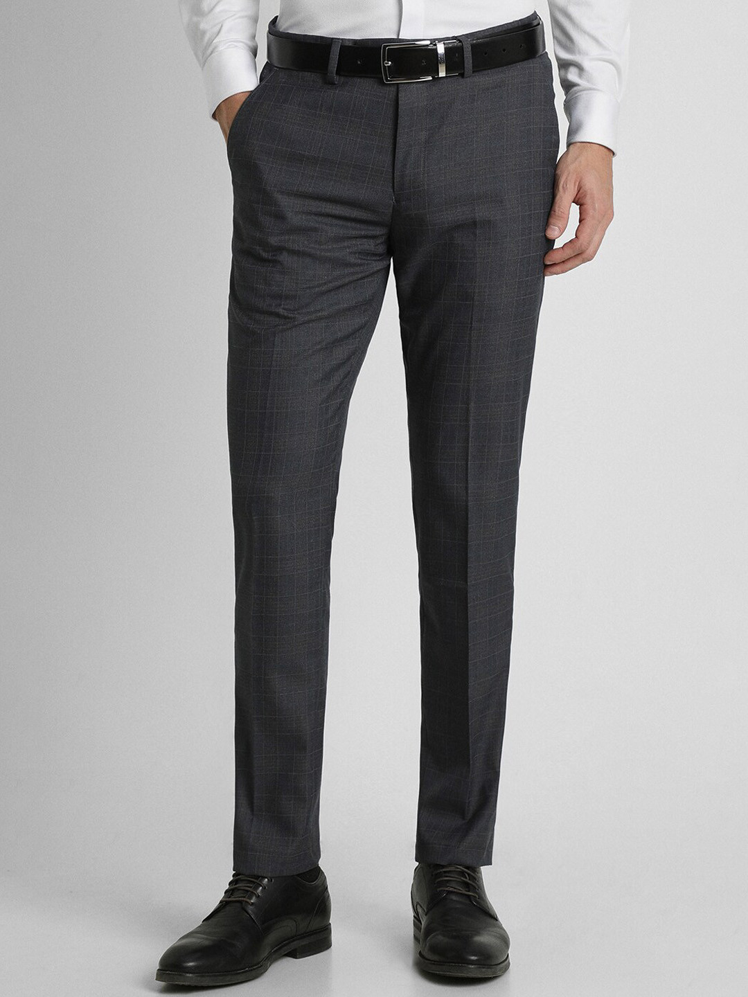 

Peter England Men Slim Fit Checked Formal Trouser, Grey