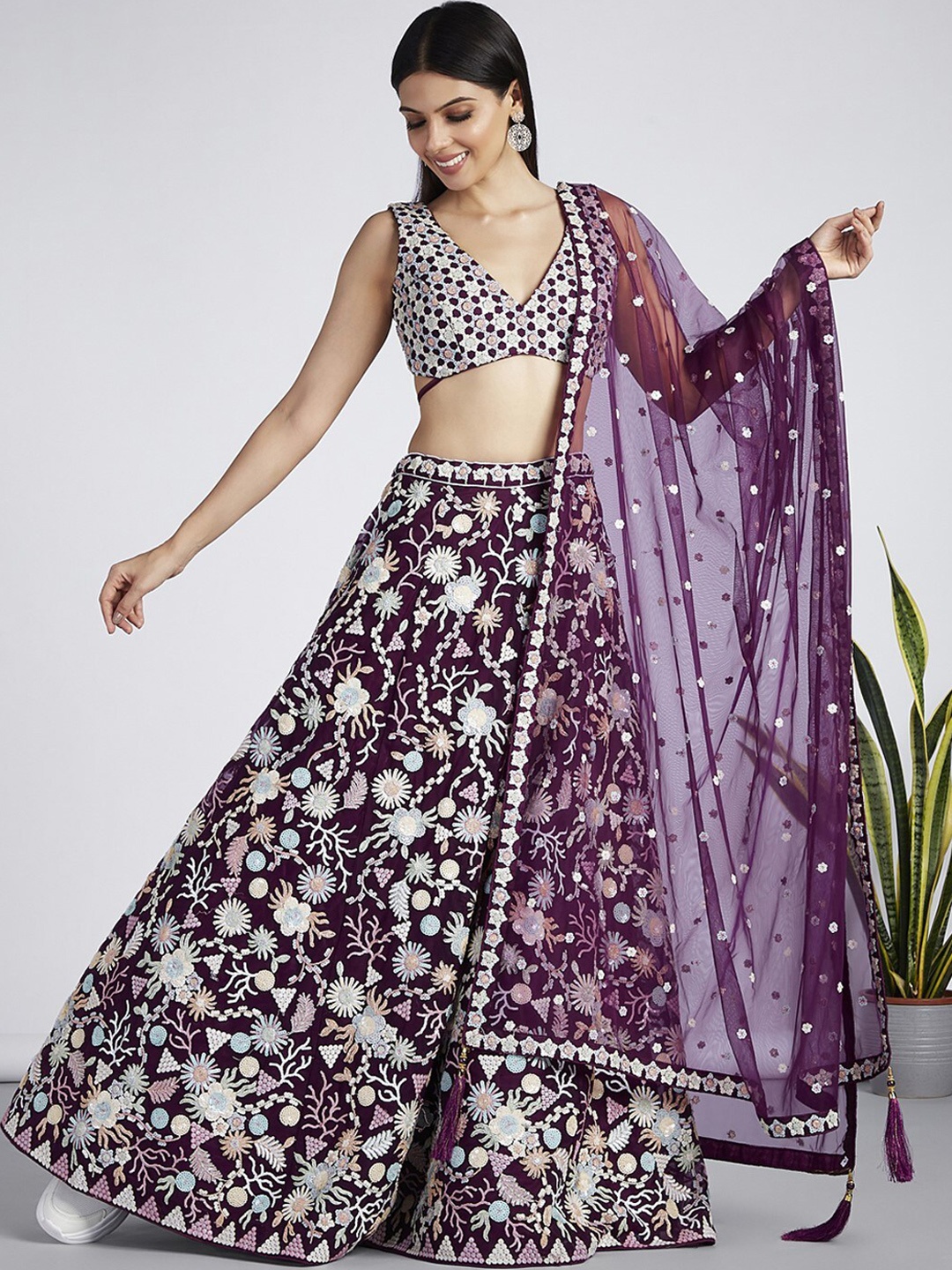 

panchhi Embroidered Sequinned Semi-Stitched Lehenga & Unstitched Blouse With Dupatta, Burgundy