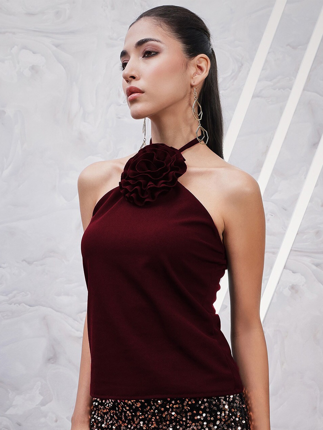

Athena Halter Neck Scuba Corsage Top, Maroon