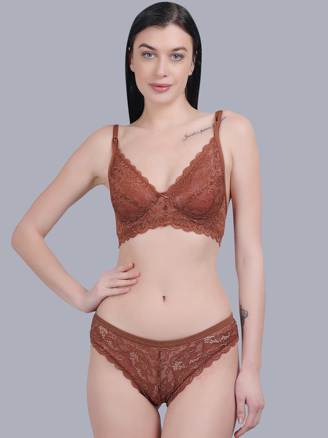 

mod & shy Self Design Lace Lingerie Set, Brown