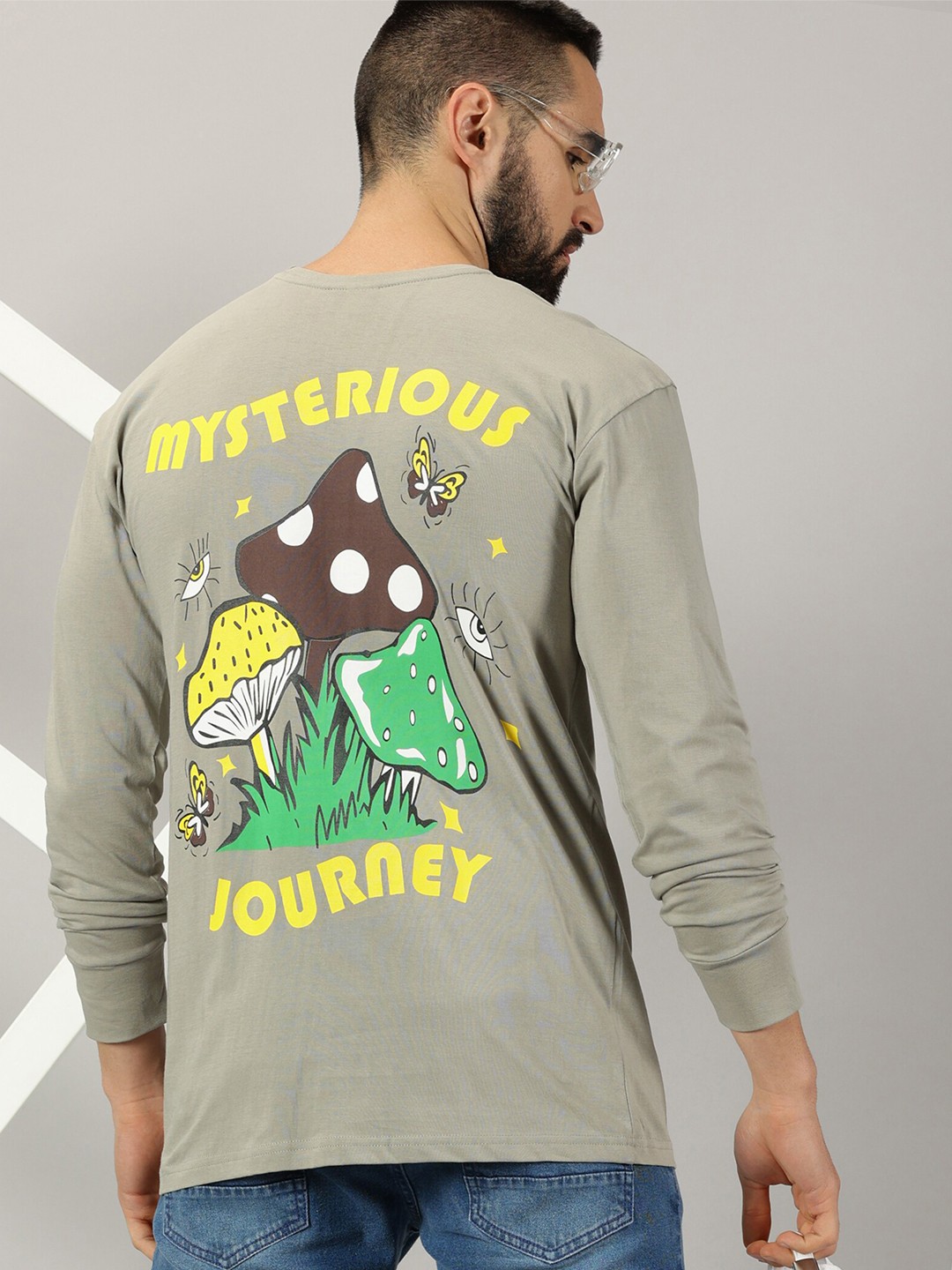 

GESPO Graphic Printed Drop Shoulder Pure Cotton T-shirt, Grey