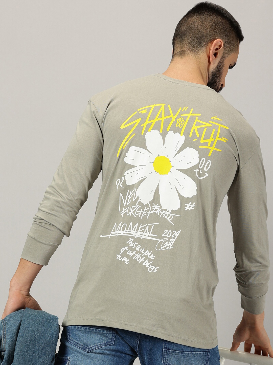 

GESPO Typography Printed Drop Shoulder Round Neck Pure Cotton T-shirt, Grey