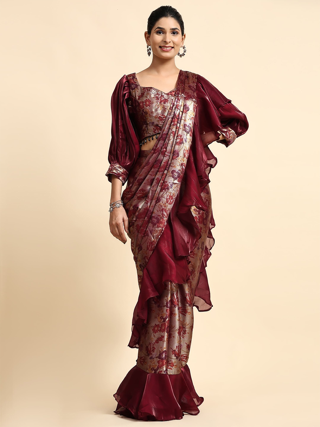 

AMOHA TRENDZ Floral Organza Ready to Wear Saree, Maroon