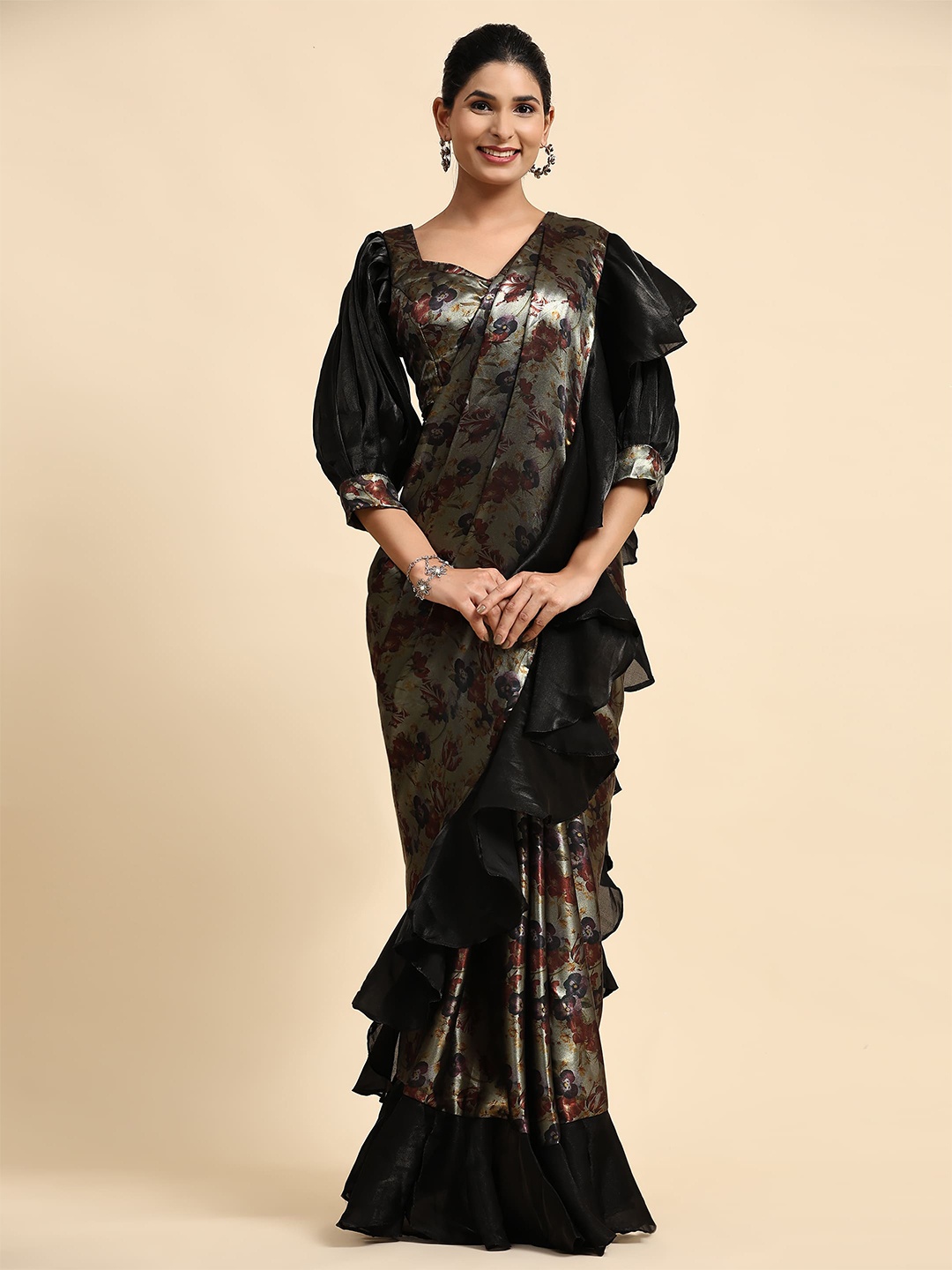

AMOHA TRENDZ Floral Organza Ready to Wear Saree, Black