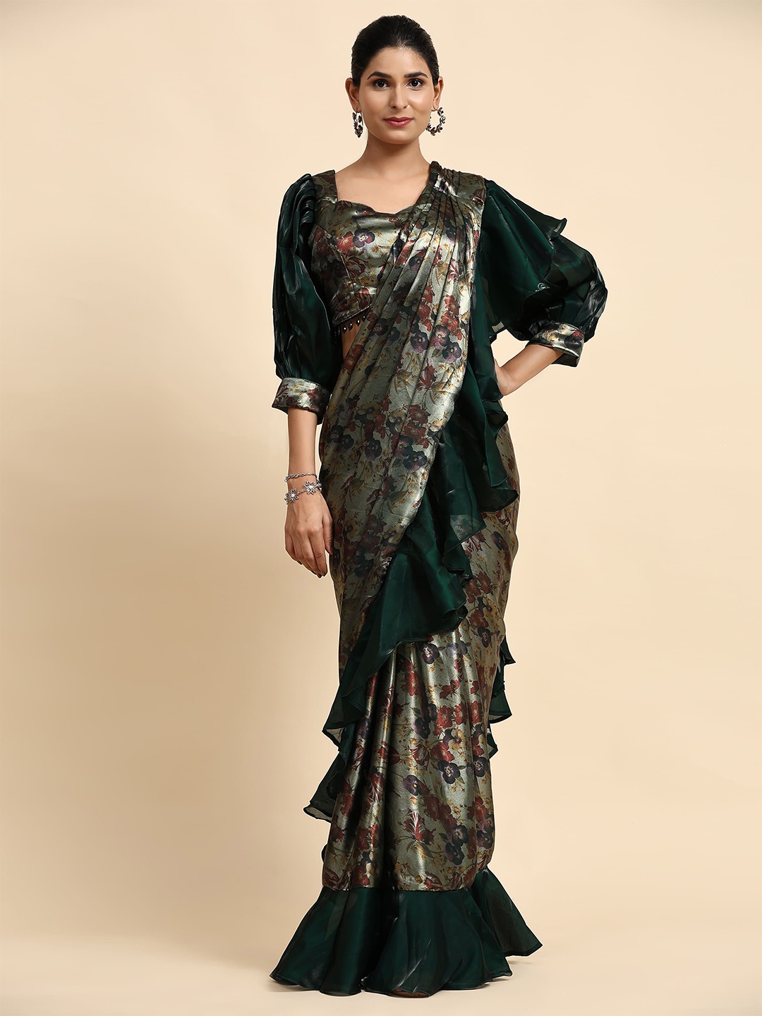 

AMOHA TRENDZ Floral Organza Ready to Wear Saree, Green