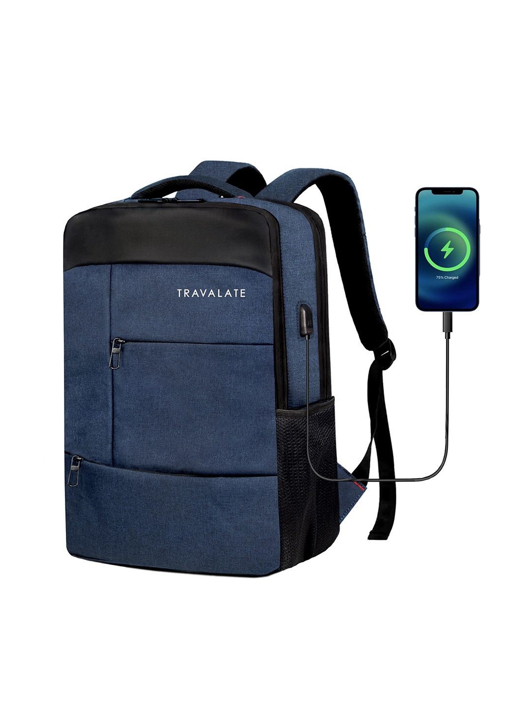 

TRAVALATE Brand Logo Printed Laptop Backpack With USB Charging Port, Navy blue
