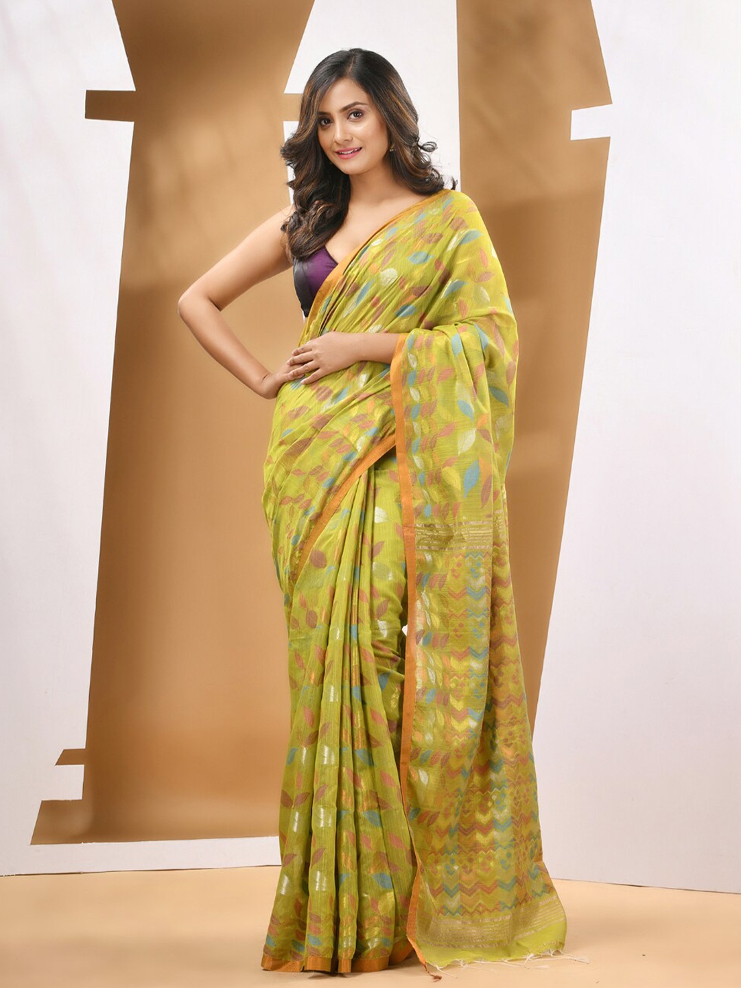 

Charukriti Ethnic Motifs Woven Design Zari Saree, Lime green