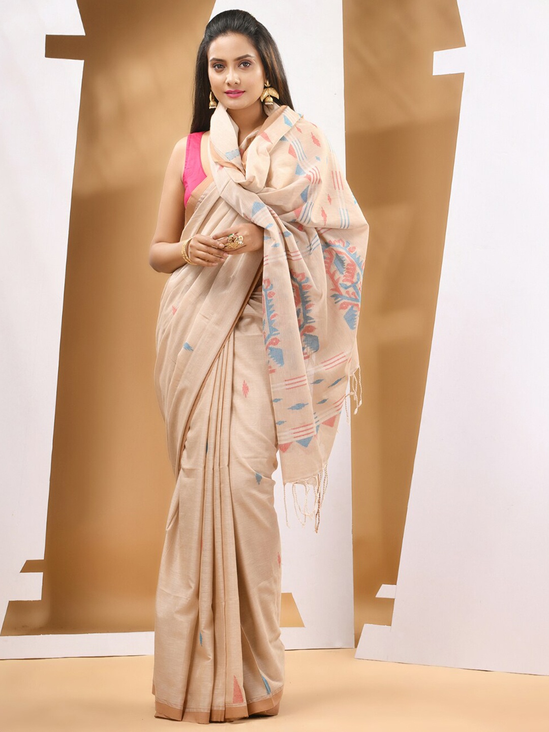 

Charukriti Ethnic Motifs Woven Design Zari Pure Cotton Saree, Beige