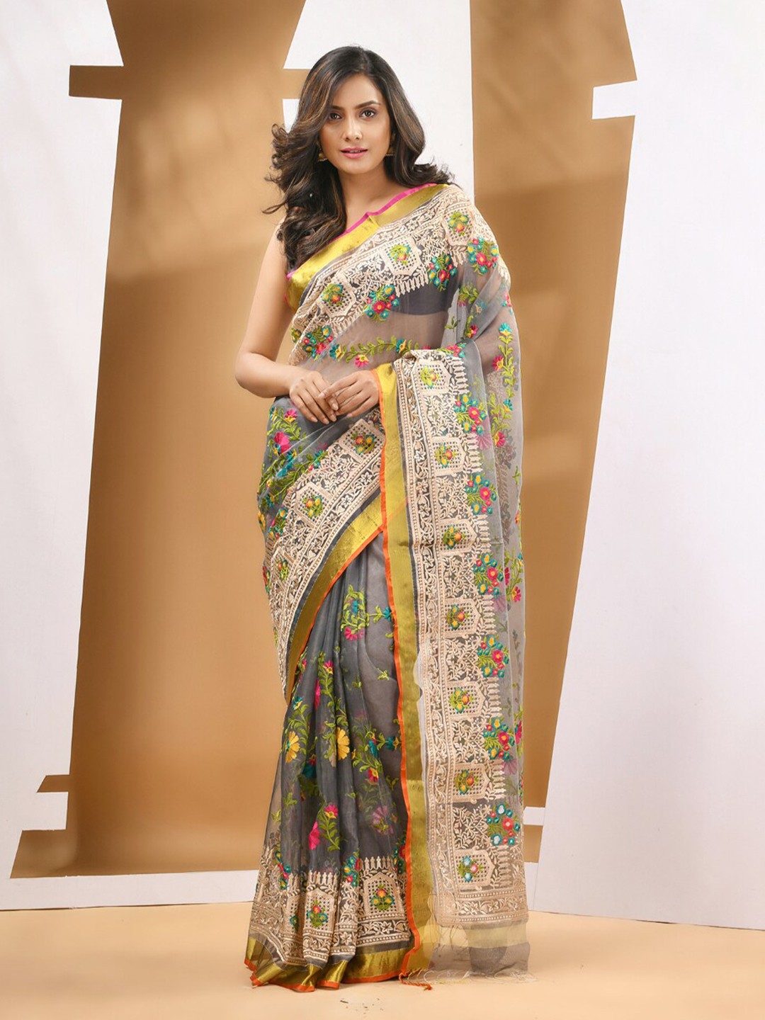 

Charukriti Floral Embroidered Pure Silk Saree, Grey