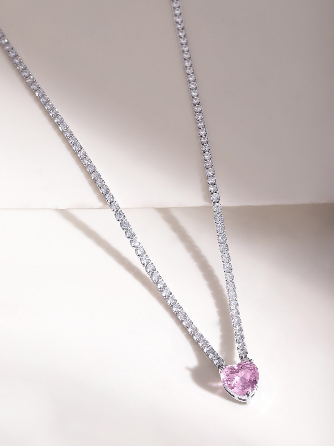 

Rubans Voguish Rhodium Plated Necklace with Pink Heart Gemstone and CZ, Silver
