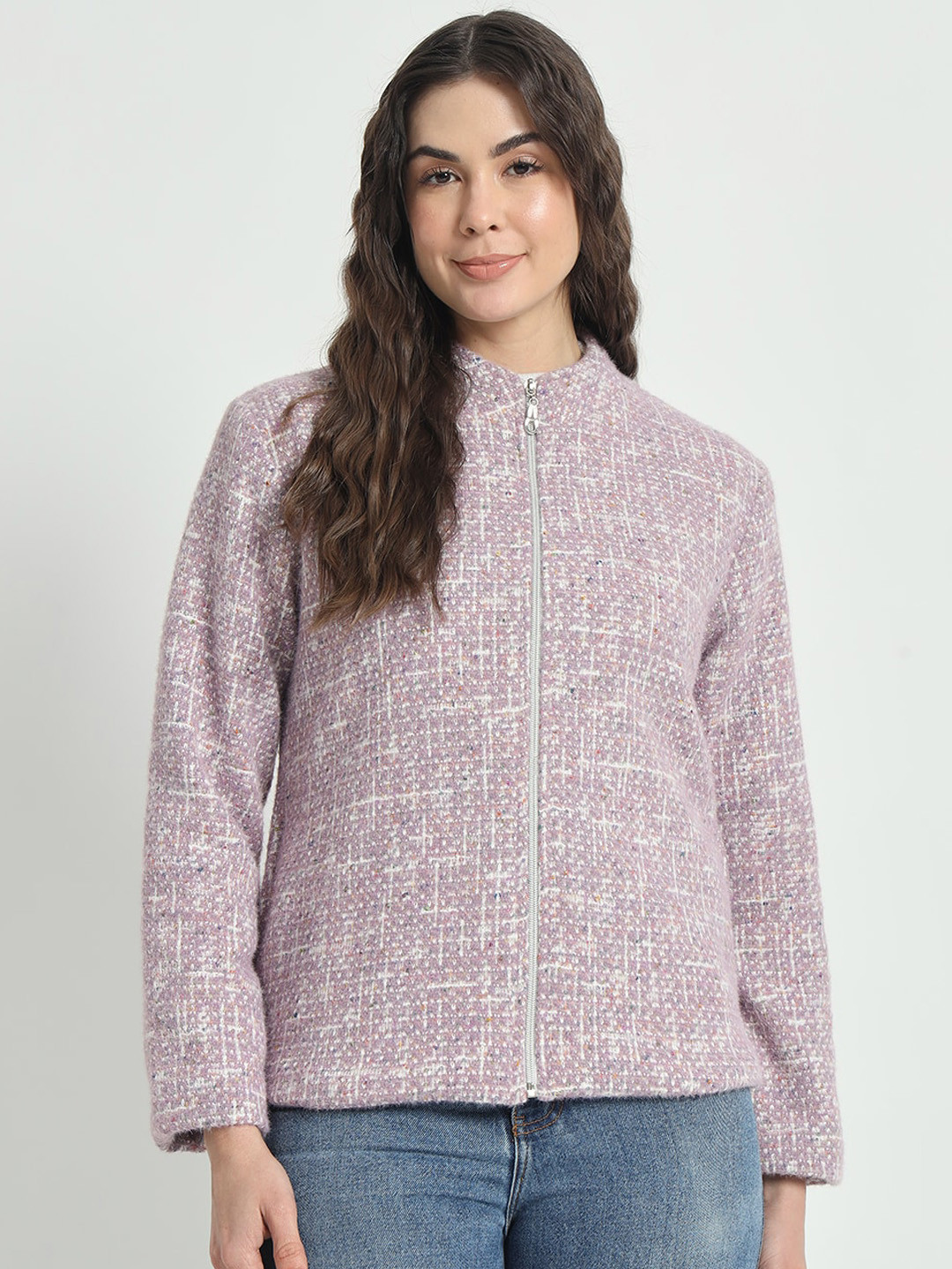 

RAER Women Geometric Checked Lightweight Open Front Jacket, Purple