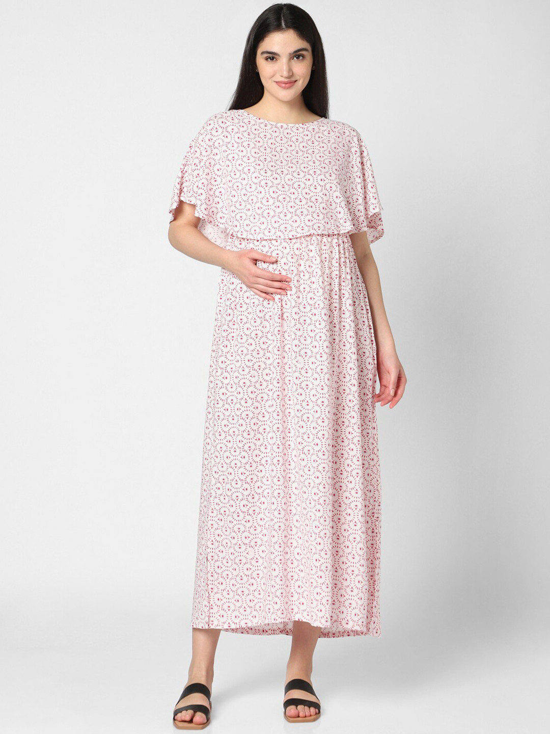 

Mystere Paris Floral Print Cape Sleeves Maternity Maxi Dress, White