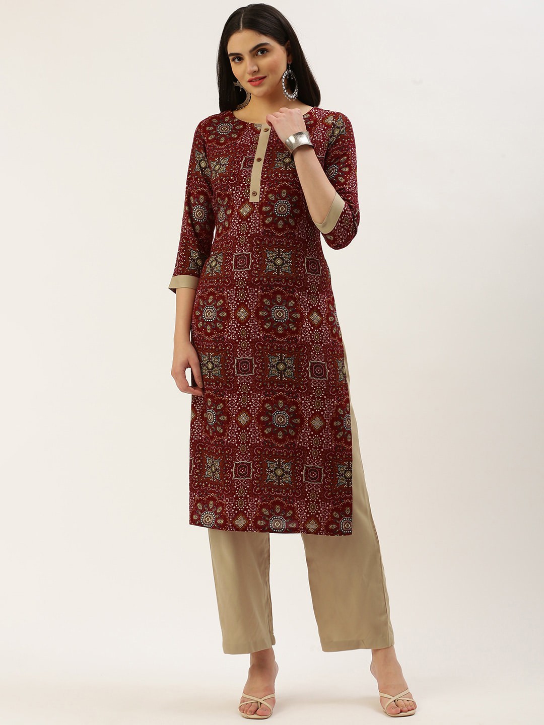 

KALINI Ethnic Motifs Printed Straight Kurta with Trousers, Maroon