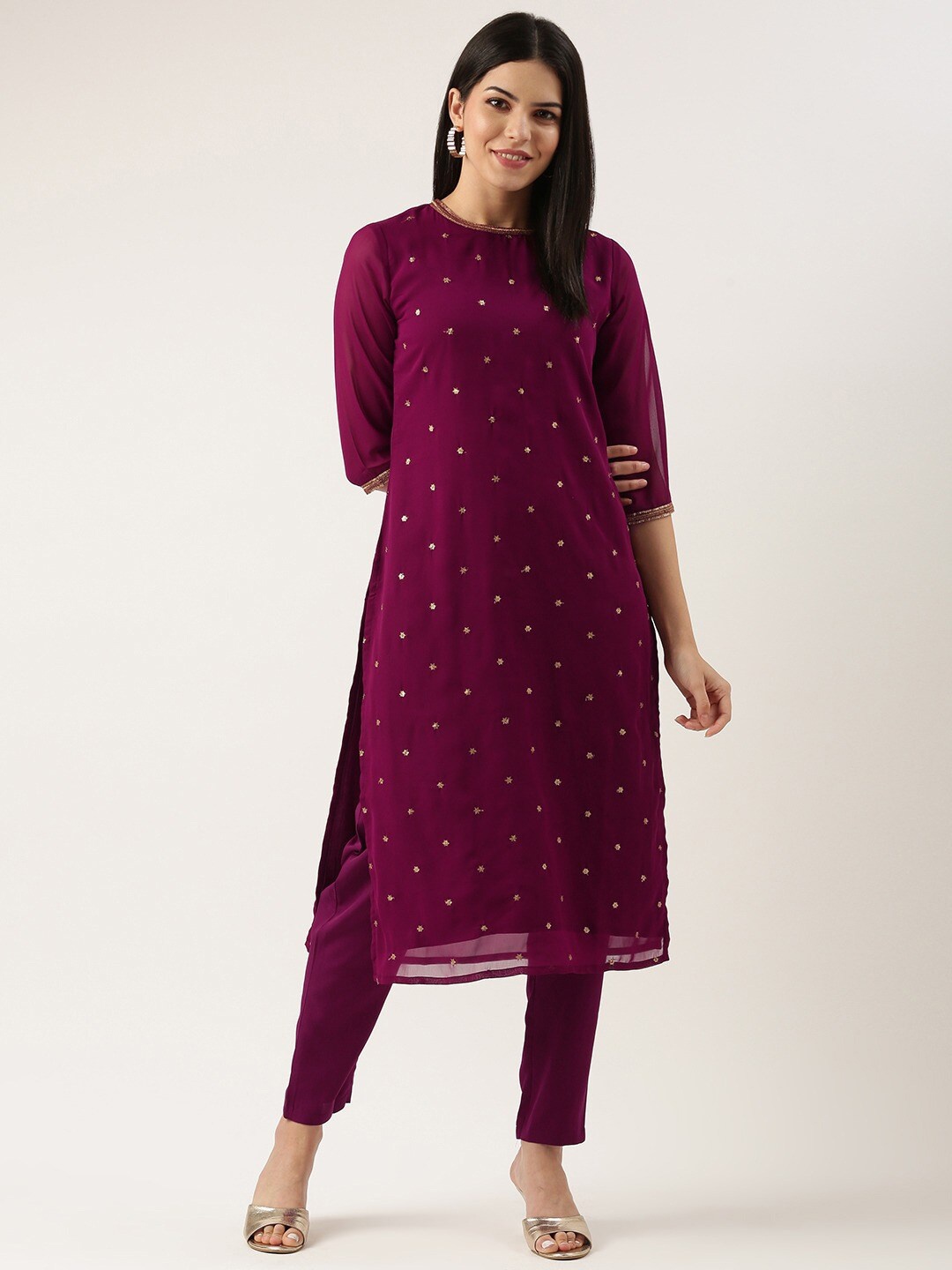 

KALINI Floral Embroidered Regular Sequinned Kurta With Trousers, Purple
