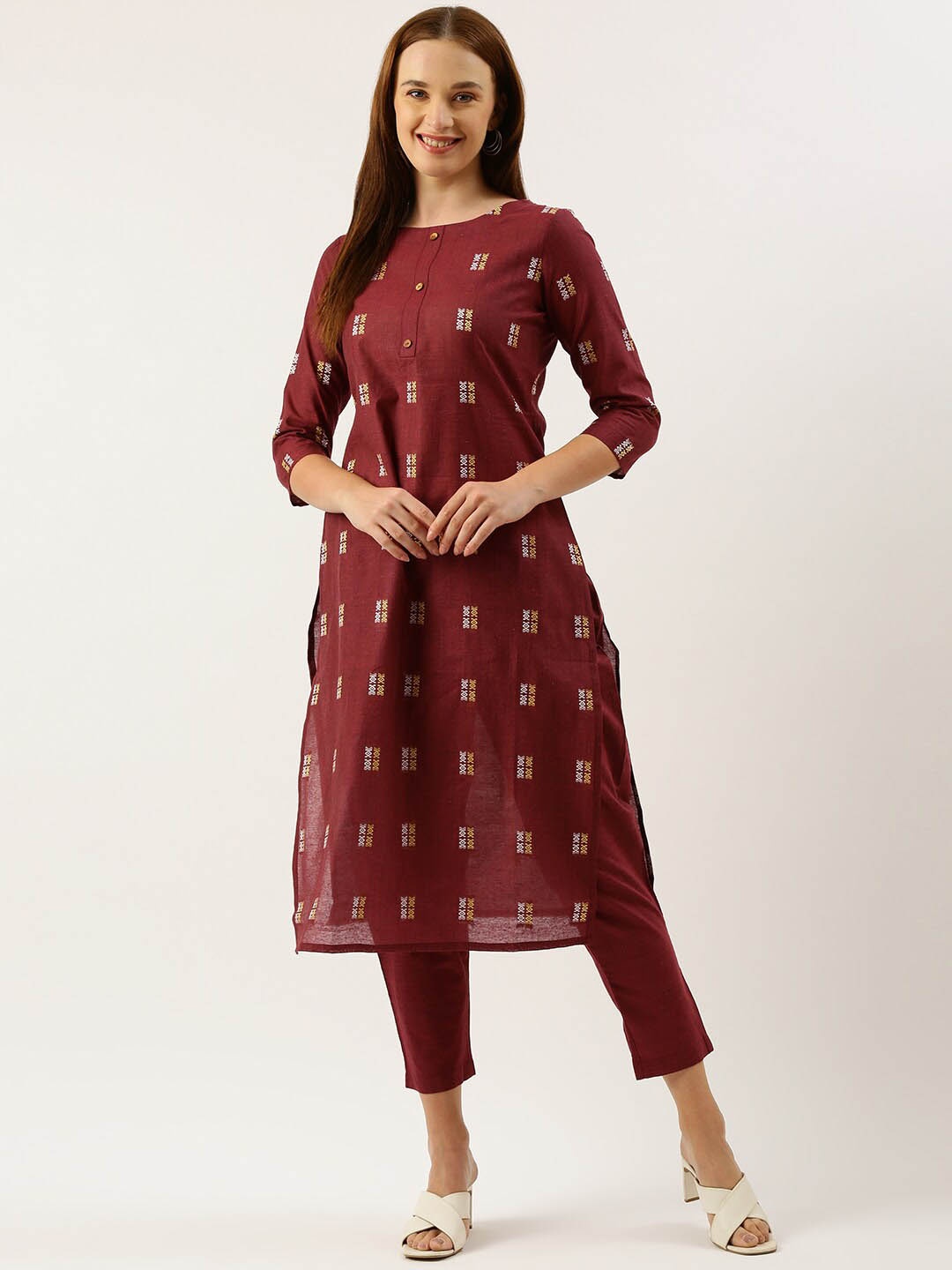 

KALINI Geometric Woven Design Kurta With Trousers, Maroon