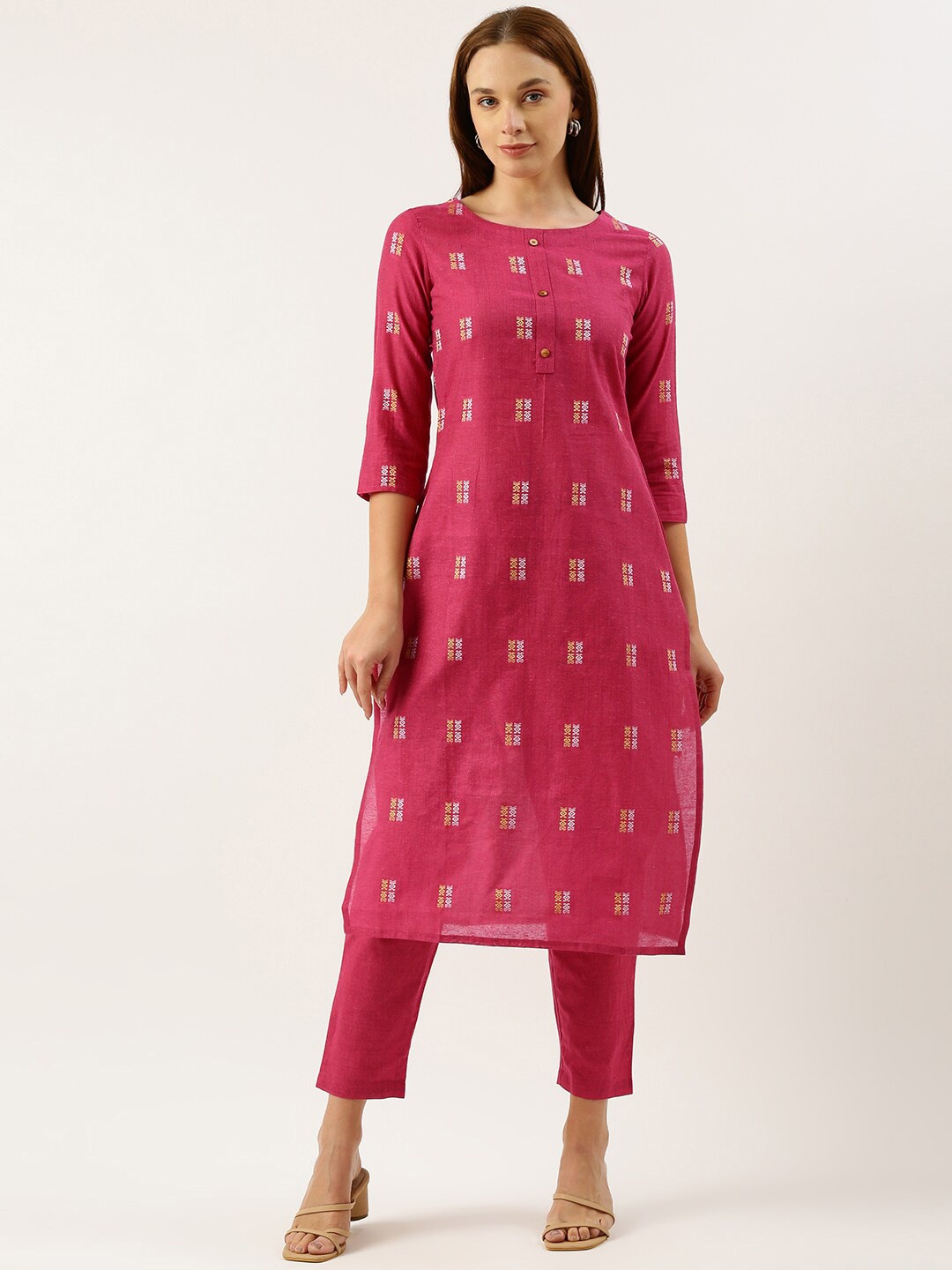 

KALINI Ethnic Motifs Woven Design Regular Kurta With Trousers, Magenta