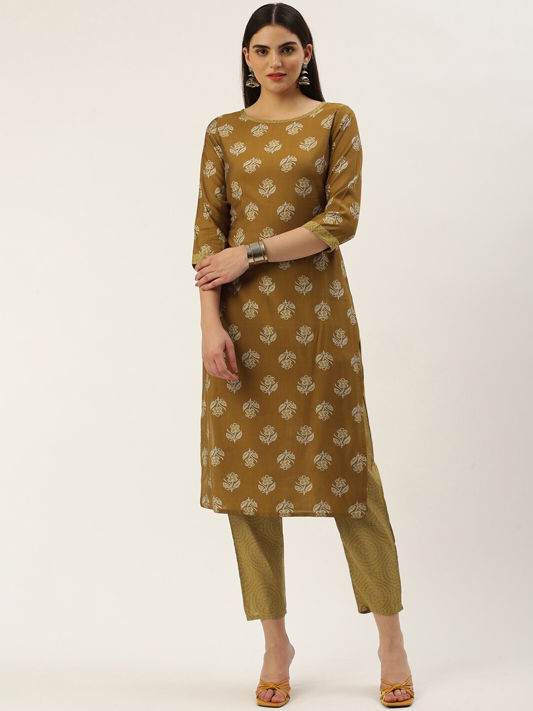 

KALINI Floral Printed Round Neck Three-Quarter Sleeves Thread Work Kurta with Trousers, Mustard