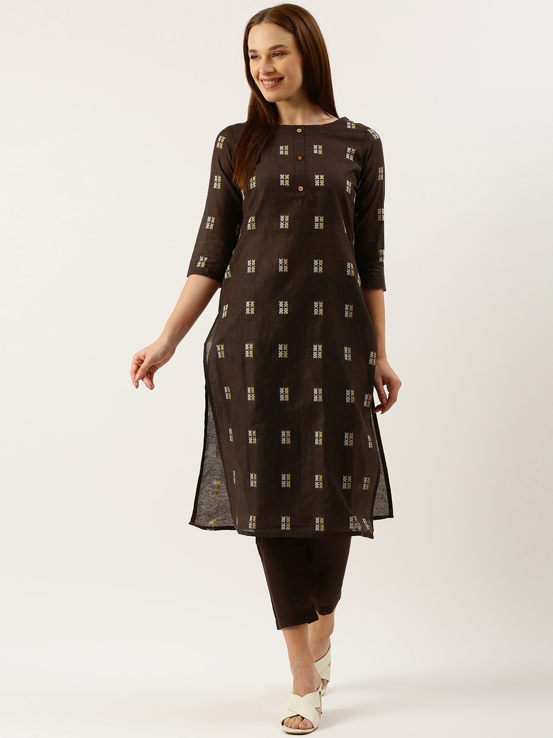 

KALINI Geometric Woven Design Kurta With Trousers, Brown