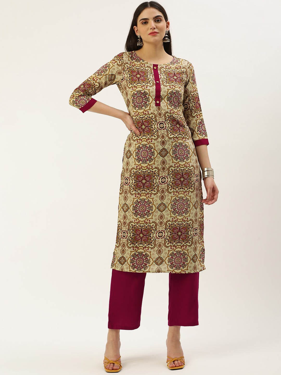 

KALINI Ethnic Motifs Printed Three-Quarter Sleeves Regular Kurta With Trousers, Beige