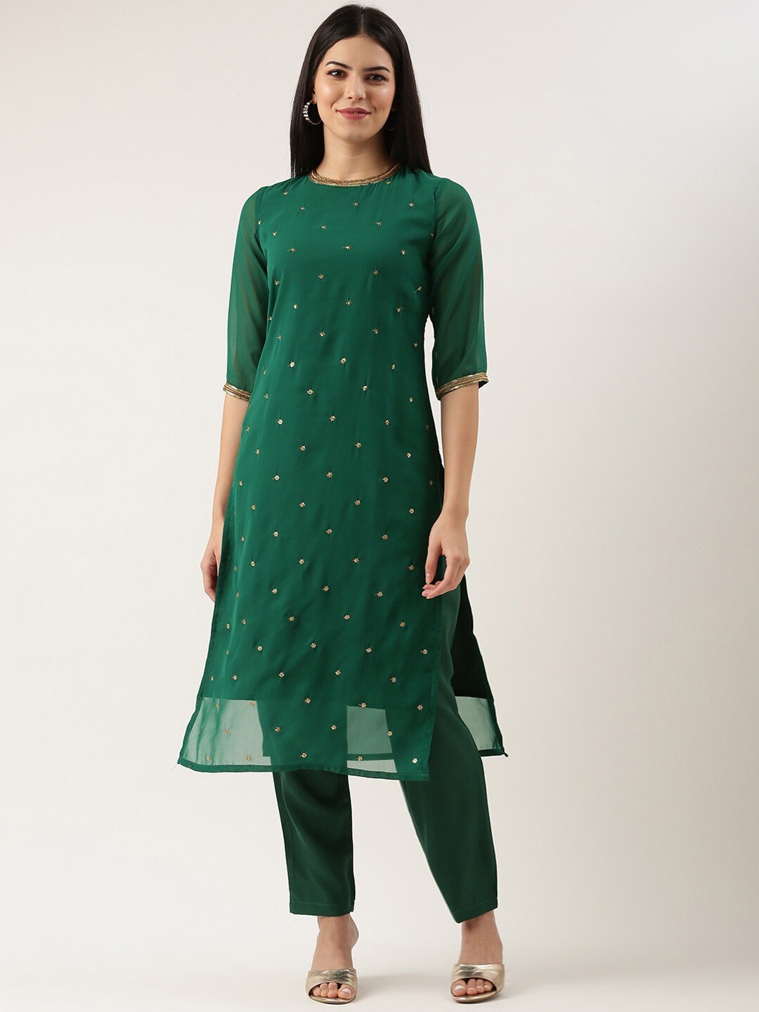 

KALINI Ethnic Motifs Embroidered Round Neck Kurta with Trousers, Green