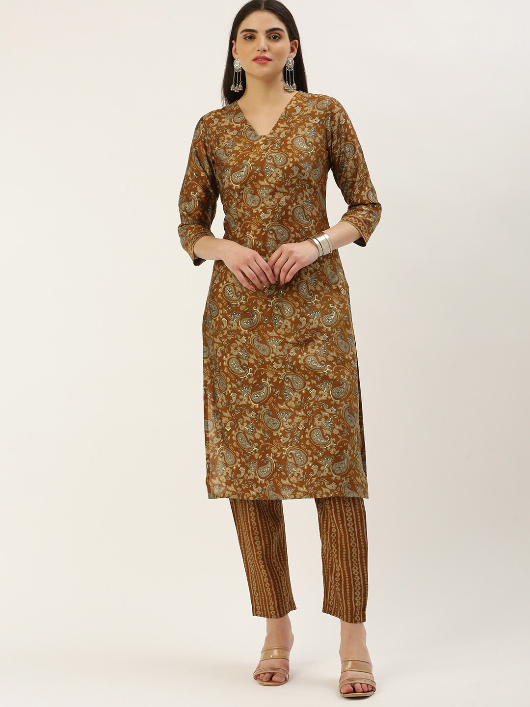 

KALINI Paisley Printed V-Neck Kurta with Trousers, Brown