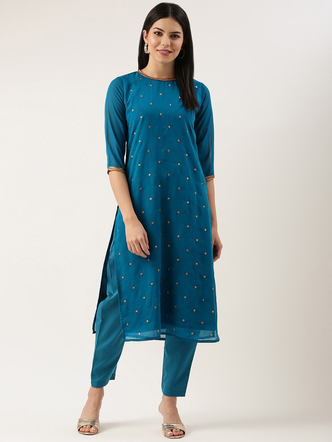 

KALINI Ethnic Motifs Embroidered Round Neck Kurta with Trousers, Blue