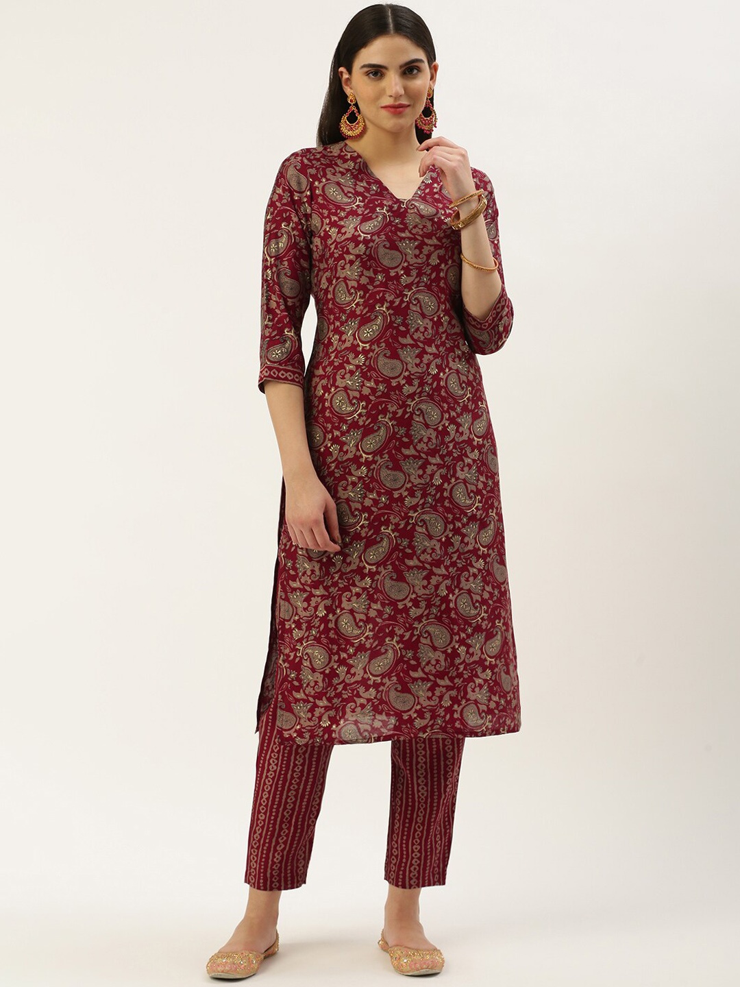 

KALINI Paisley Printed V-Neck Three-Quarter Sleeves Thread Work Kurta with Trousers, Maroon