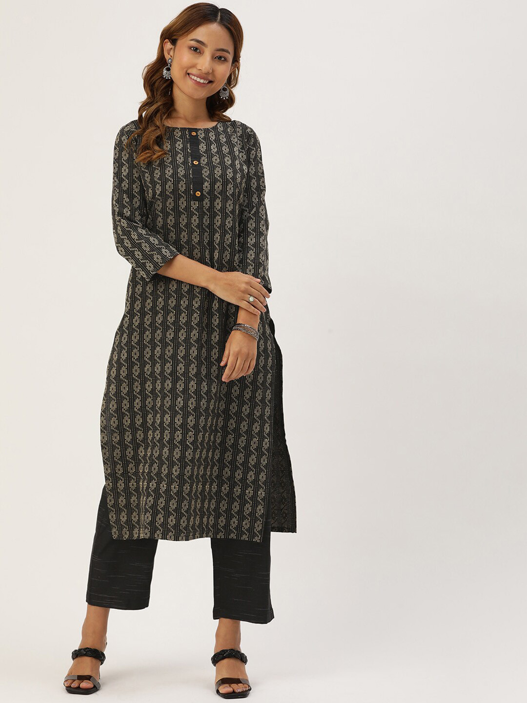 

KALINI Ethnic Motifs Woven Design Round Neck Kurta with Trousers, Black