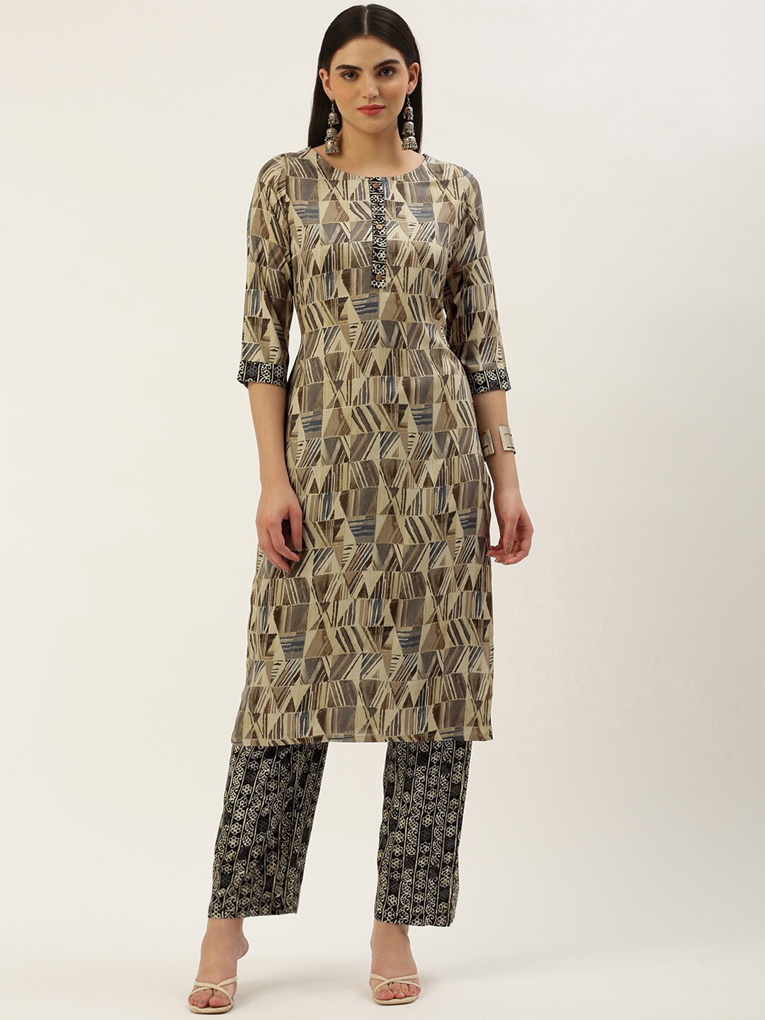 

KALINI Geometric Printed Round Neck Kurta with Trousers, Beige