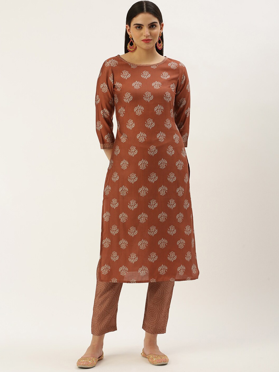 

KALINI Floral Printed Round Neck Three-Quarter Sleeves Thread Work Kurta with Trousers, Rust