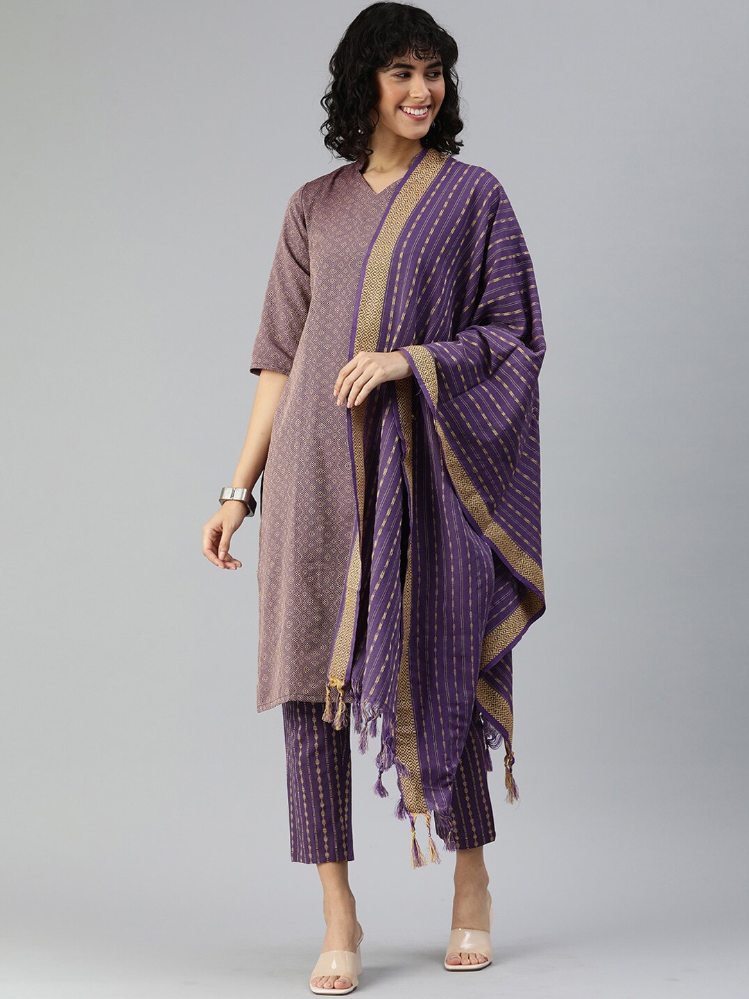 

KALINI Ethnic Motif Woven Design Straight Kurta & Trousers With Dupatta, Purple