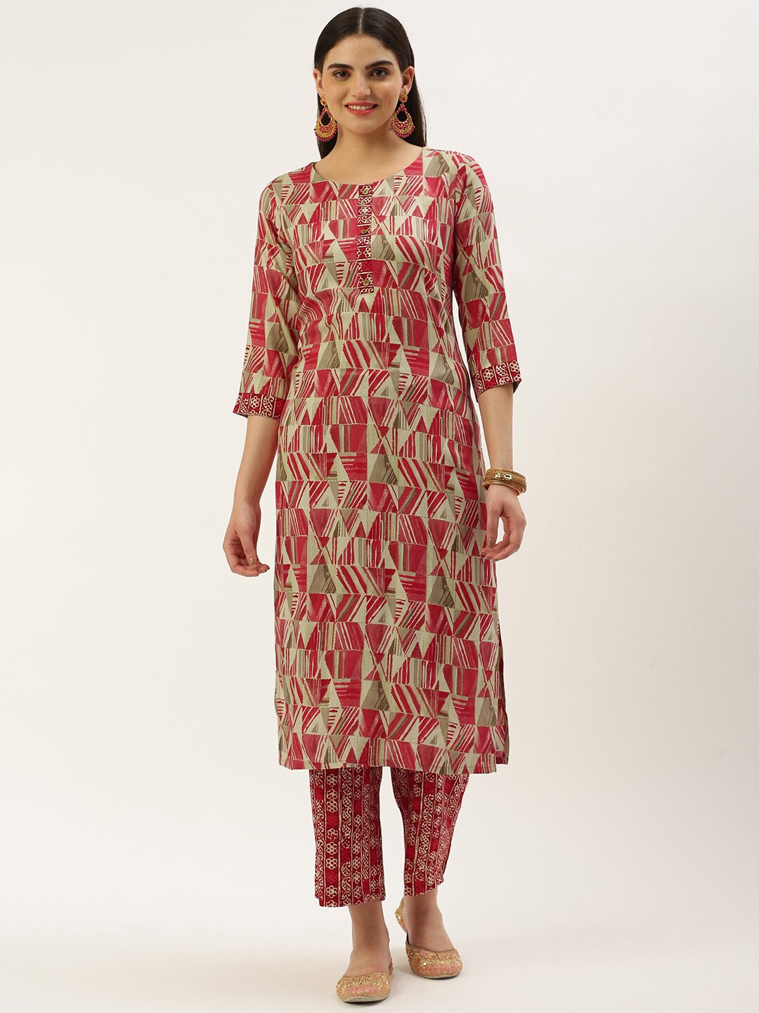 

KALINI Geometric Printed Straight Kurta with Trousers, Red