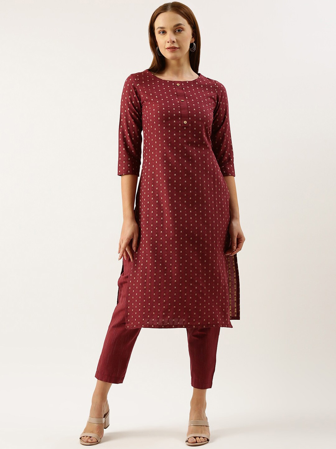 

KALINI Ethnic Motifs Woven Design Straight Kurta With Trouser, Burgundy